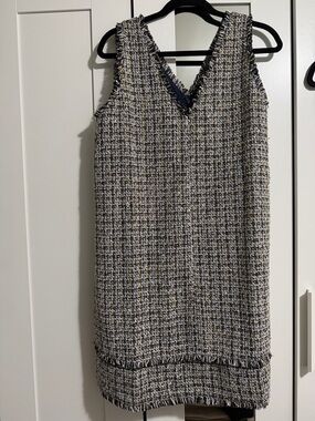 LOFT Black, White & Olive Tweed Sleeveless Midi Dress